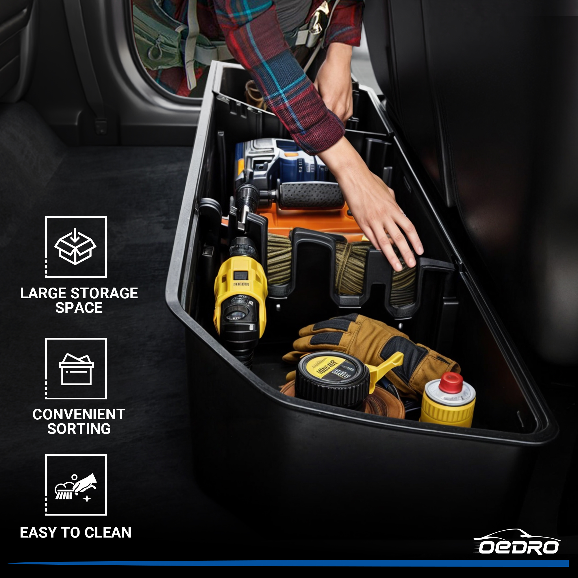 Side view of OEDRO Upgraded Under Seat Storage Box for 2015-2026 Ford F150 Super Crew Cab, 2 in 1 Design Black Organizers