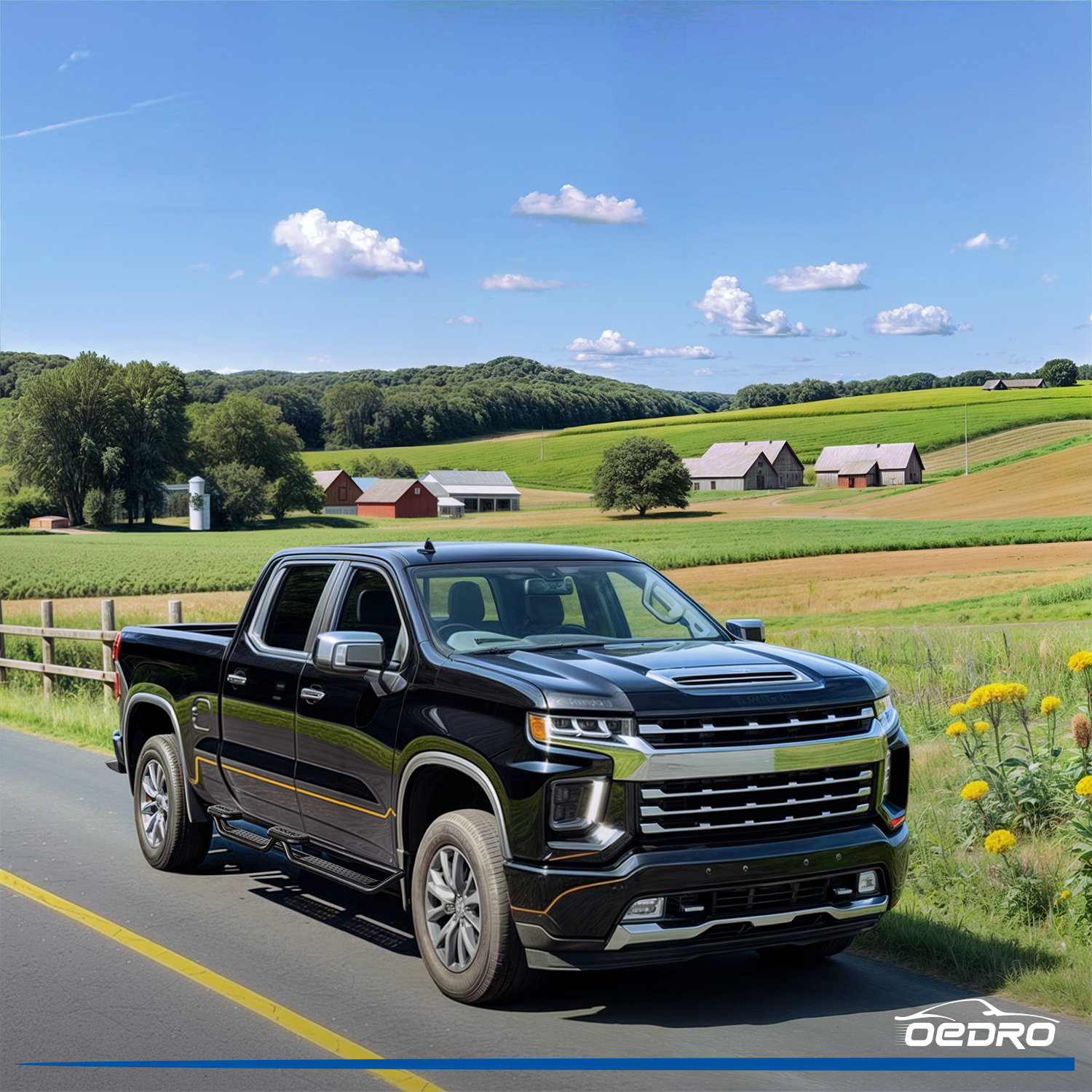 Side view of OEDRO Running Boards for 2019-2026 Chevy Silverado/GMC Sierra 1500 Crew Cab & 2020-2026 2500HD/3500HD (Excl. 2019 1500 LD/Limited)