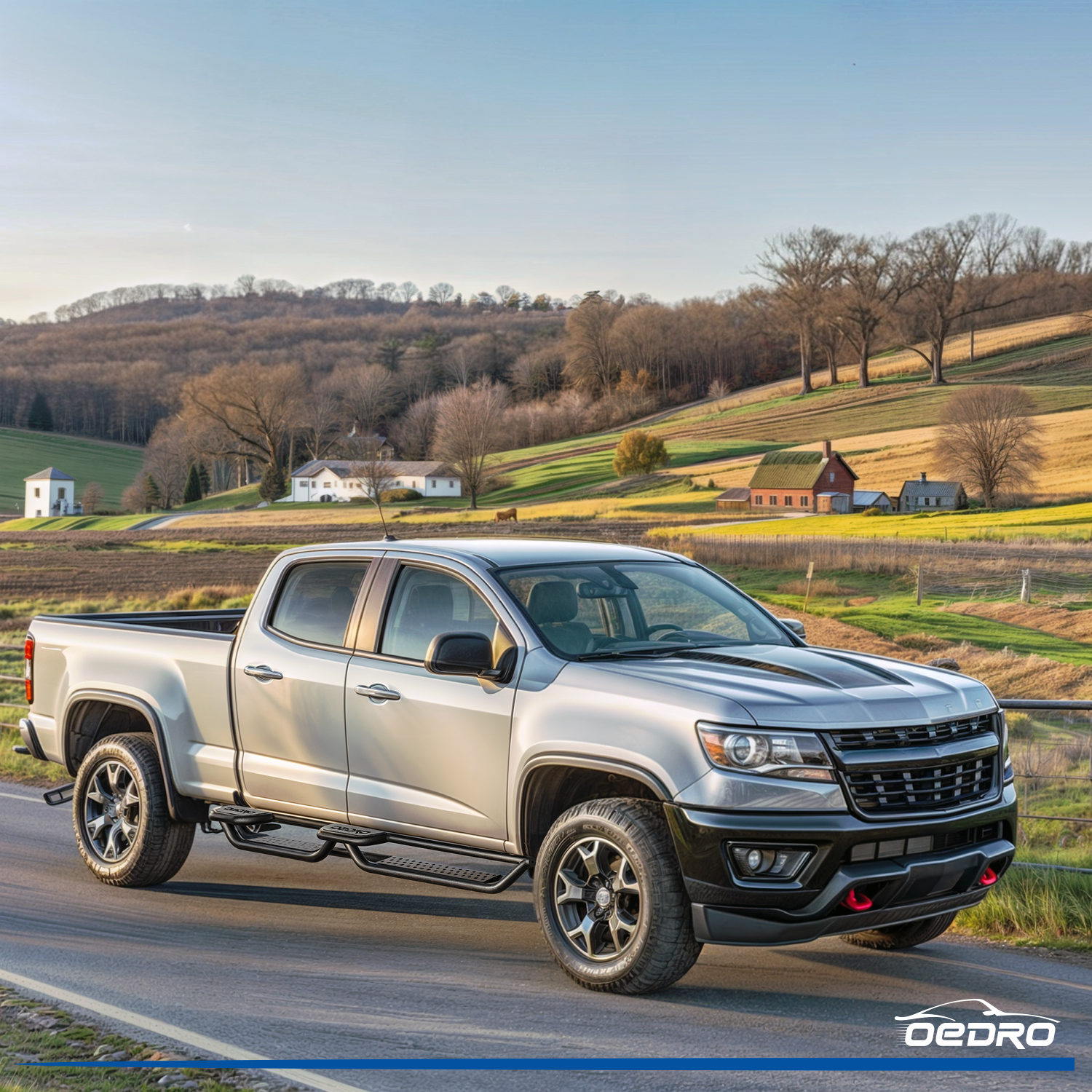 Side view of 6" Running Boards for 2015-2026 Chevy Colorado/GMC Canyon Crew Cab, Bolt-on Side Two Stairs Steps Steel Nerf Bars Dual Convex Platform