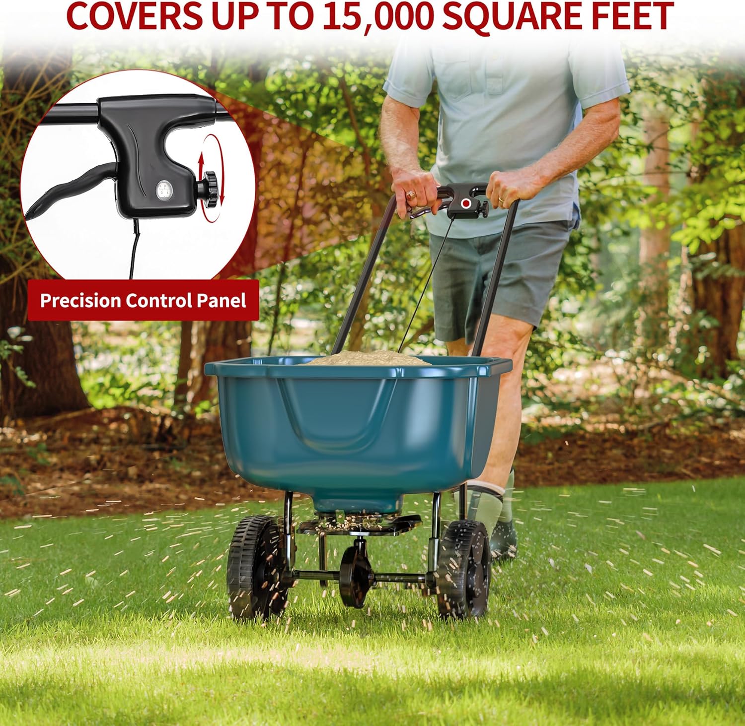 Side view of 60 lb Walk Behind Lawn and Garden Spreader for Seeds and Fertilizer with Easy to Use Flow Control