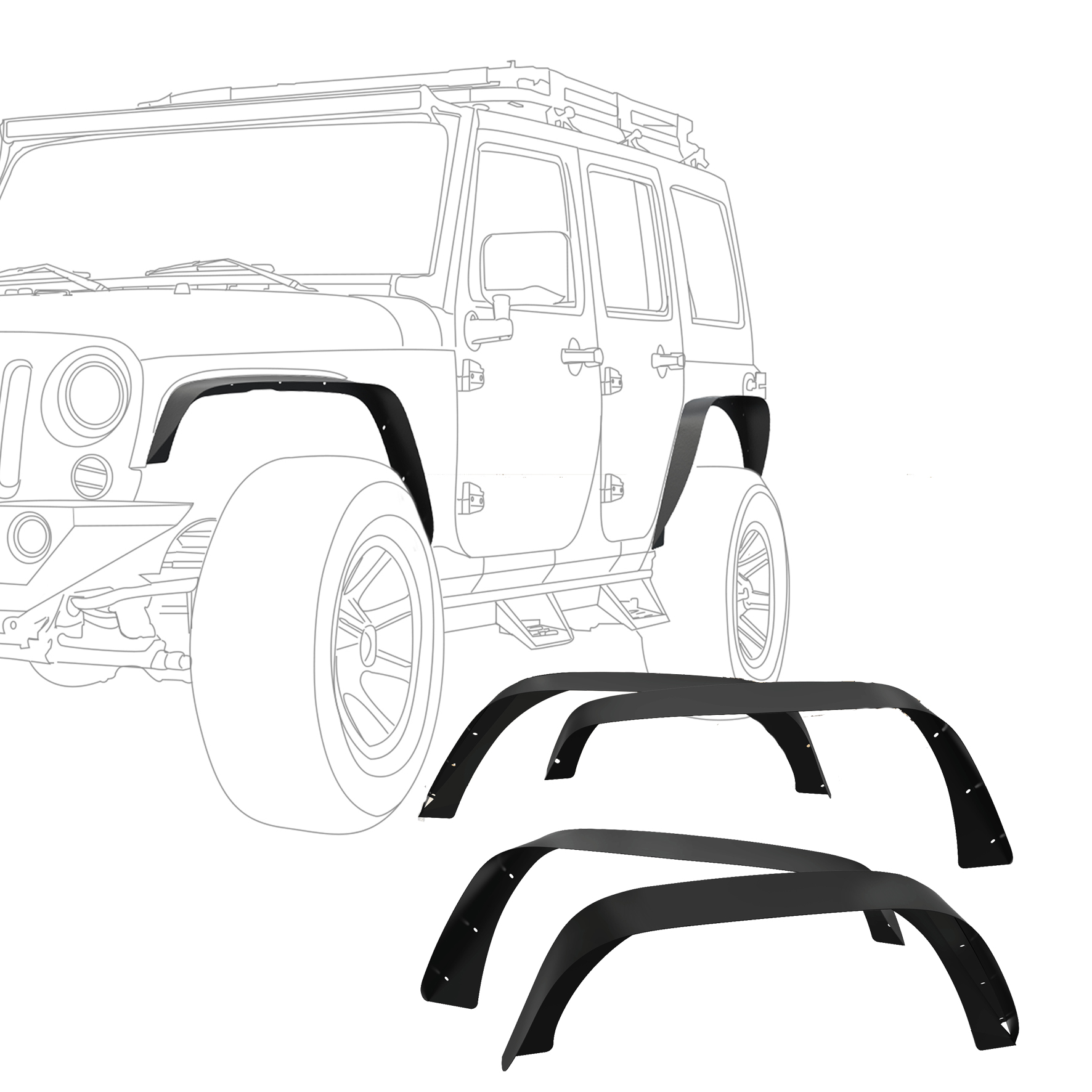 Side view of OEDRO 4 PCS Front & Rear Fender Flares for 2007-2018 Jeep Wrangler JK & JKU Unlimited