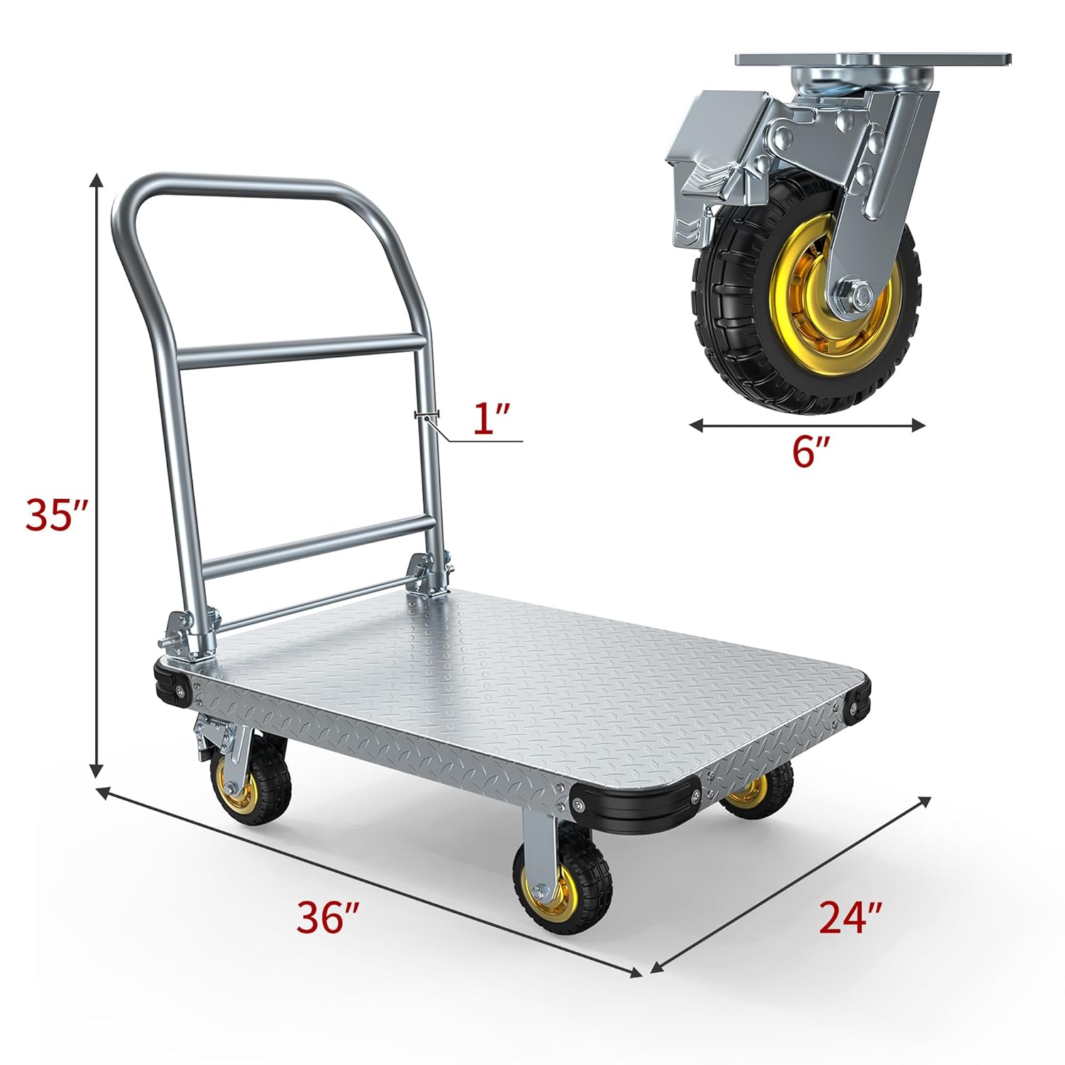 Side view of 2000 LBS Heavy Duty Platform Truck Push Cart Dolly, Foldable Large Flatbed Cart with 6" Swivel Wheels