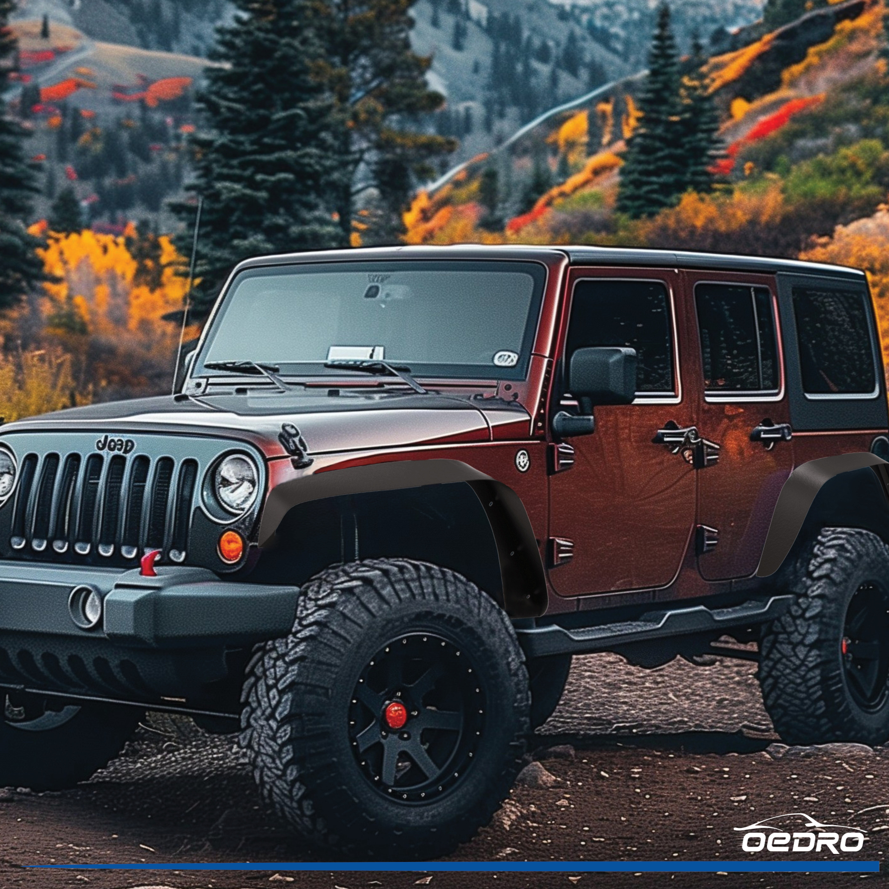 Side view of OEDRO 4 PCS Front & Rear Fender Flares for 2007-2018 Jeep Wrangler JK & JKU Unlimited