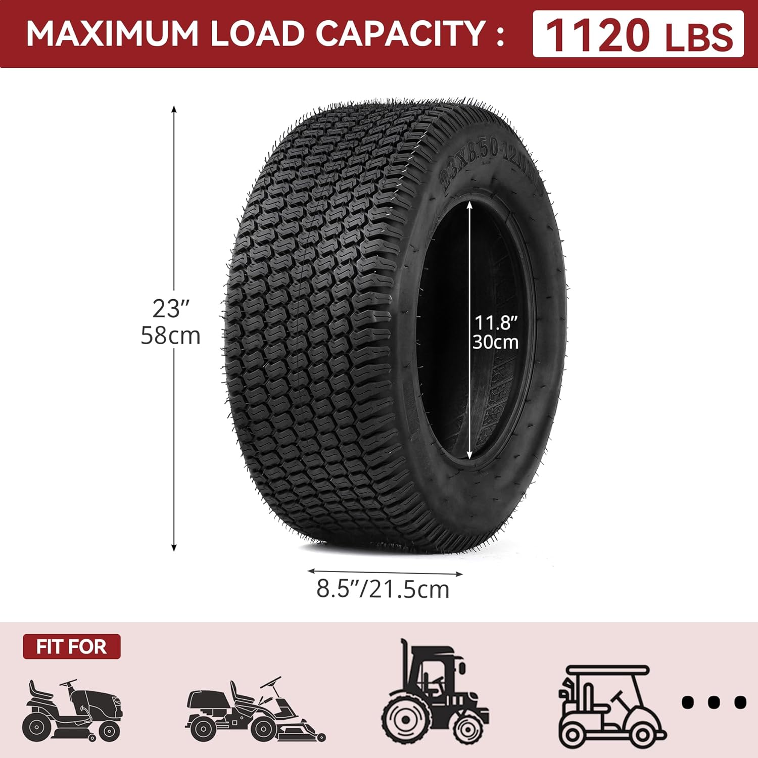 Side view of 23x8.5-12 Lawn Mower Tires, Suitable for Lawnmowers, Motorcycles, Garden Tractors, Golf Carts, and Farm Equipment, 4Ply, Set of 2
