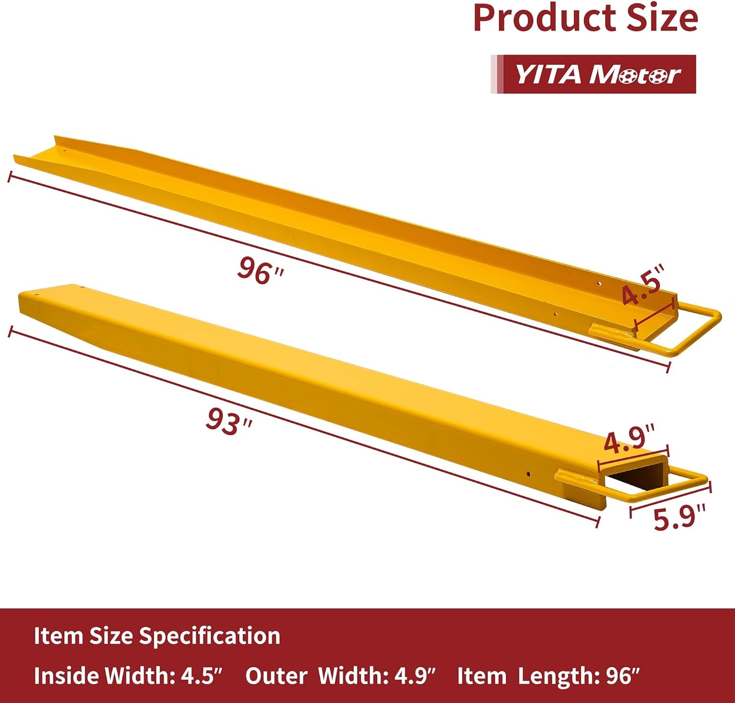 Side view of Pair 96" Length 4.5" Wide Forklift Extension Pallet Forks High Tensile Steel