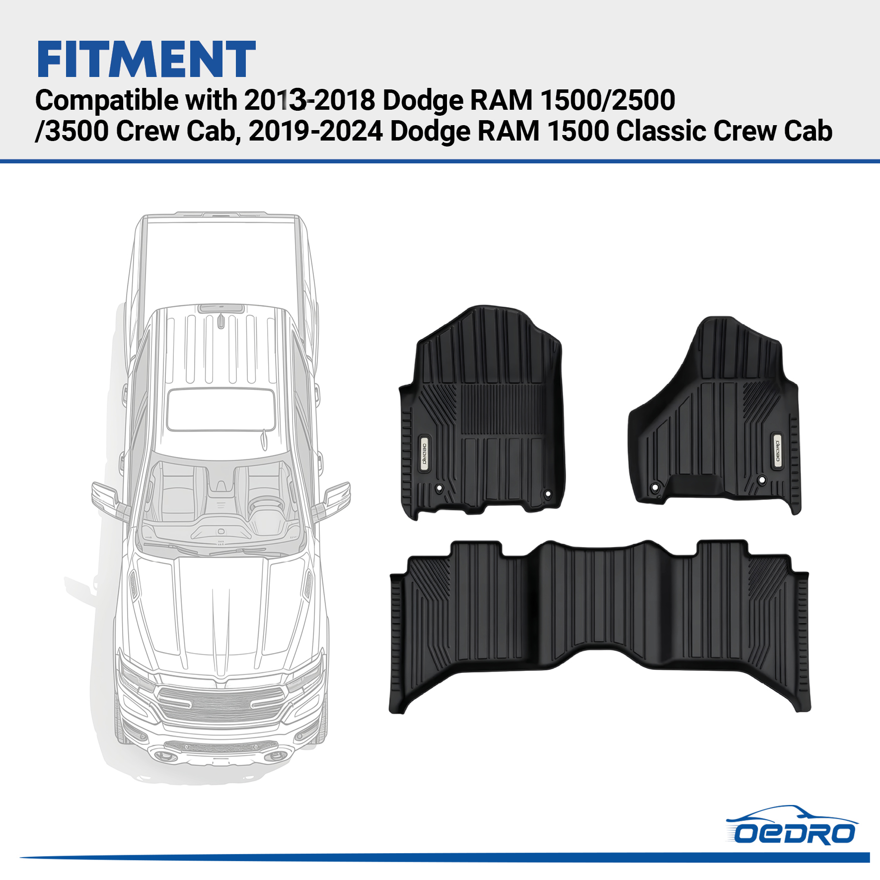 Side view of OEDRO Floor Mats Fit 2013-2018 Dodge Ram 1500/2500/3500 Crew Cab & 2019-2024 Dodge Ram 1500 Classic Crew Cab, TPE All Weather Car Mats for Ram 1st, 2n