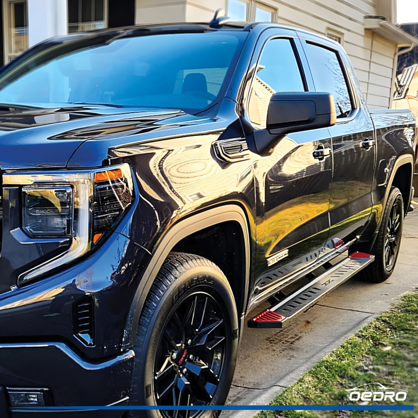 Side view of OEDRO® Running Boards for 2007-2018 Chevy Silverado/GMC Sierra 1500; 2007-2019 Silverado/Sierra 2500HD 3500HD Crew Cab, Include 19 1500 LD