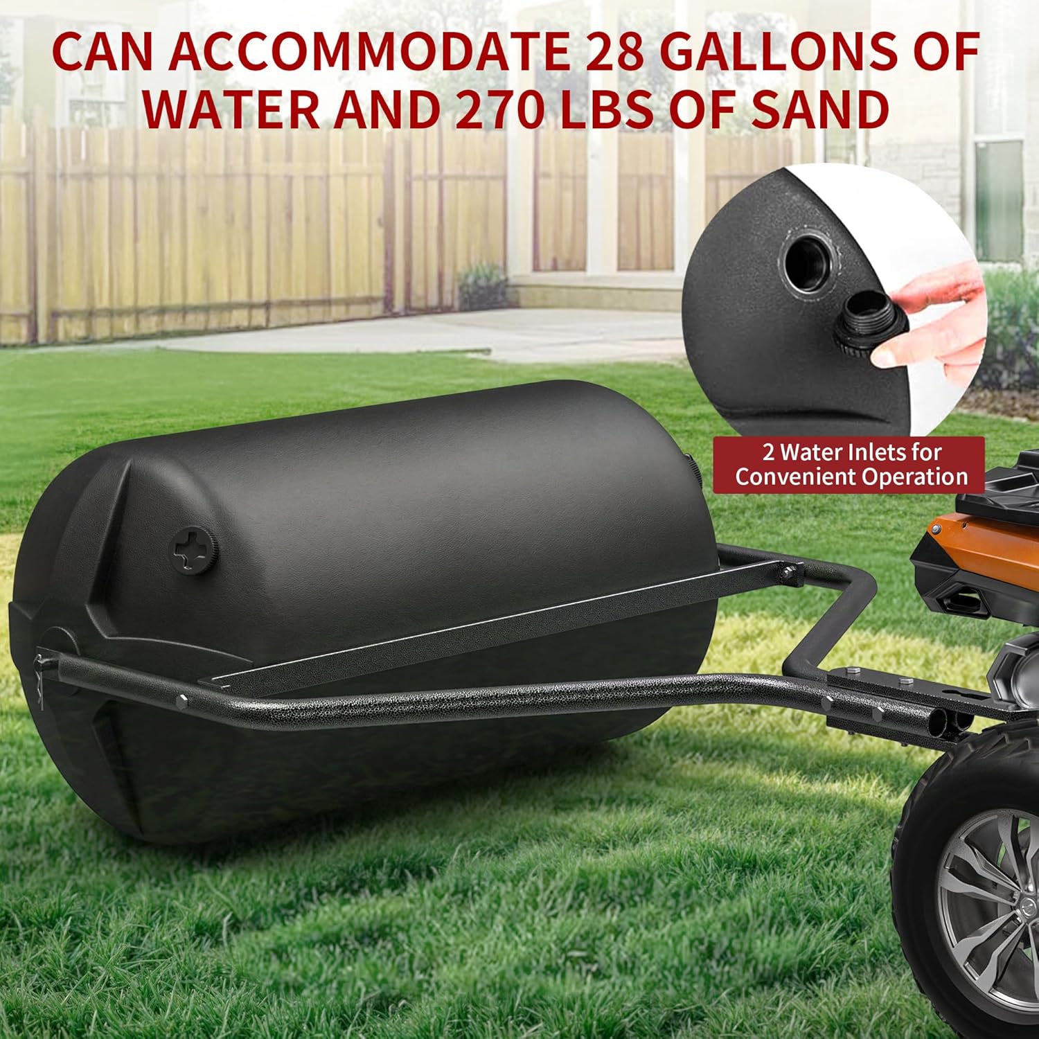 Side view of 18'' x 24'' Poly Lawn Roller with Threaded Plug, Combination Push and Tow Roller for Lawn and Garden Tractors, 270 lbs Capacity