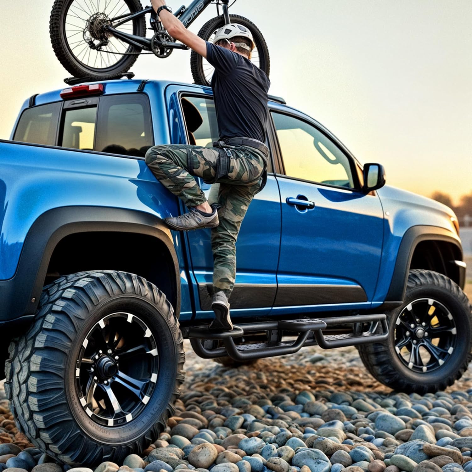 Side view of 6" Running Boards fits to 2024-2026 Toyota Tacoma Double/Crew Cab 4 Full-Size Doors, Two Stair Design Side Step Rails Carbon Steel Running Boards
