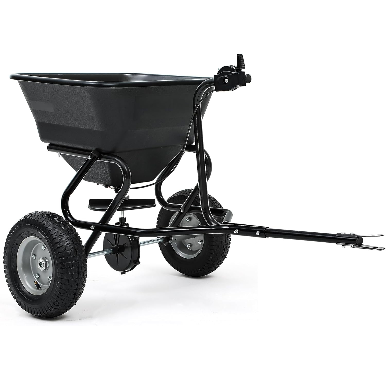 Tow Behind Lawn & Garden Broadcast Spreader for Seed Holds up to 130 lbs with 13"" Pneumatic Tires and Adjustable Flow Control Lever