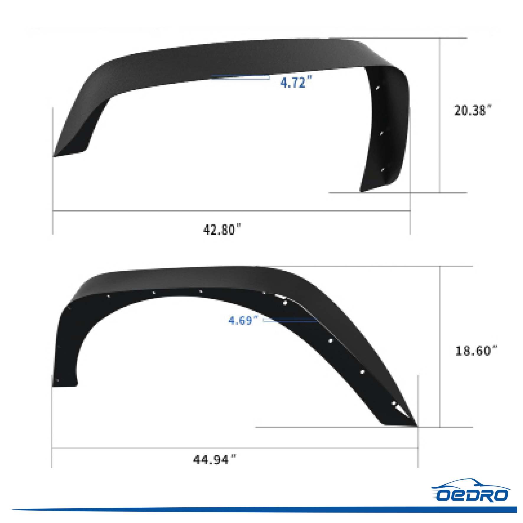 Side view of OEDRO 4 PCS Front & Rear Fender Flares for 2007-2018 Jeep Wrangler JK & JKU Unlimited