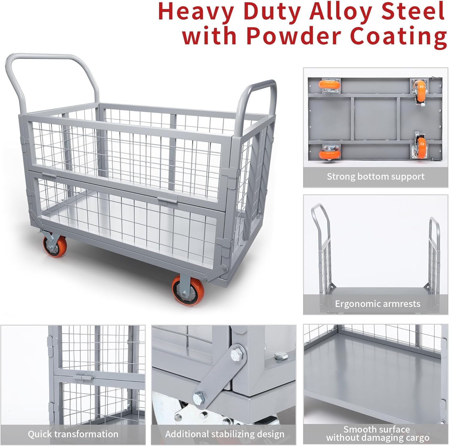 Side view of Platform Truck Cart W/Cage Foldable Flatbed Cart for Grocery & Warehouse 2000LBS
