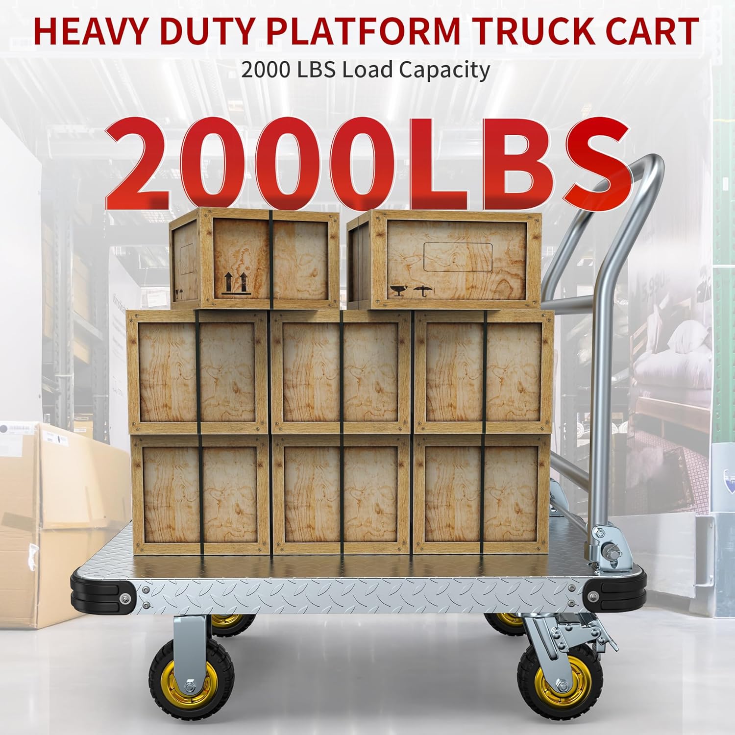 Side view of 2000 LBS Heavy Duty Platform Truck Push Cart Dolly, Foldable Large Flatbed Cart with 6" Swivel Wheels