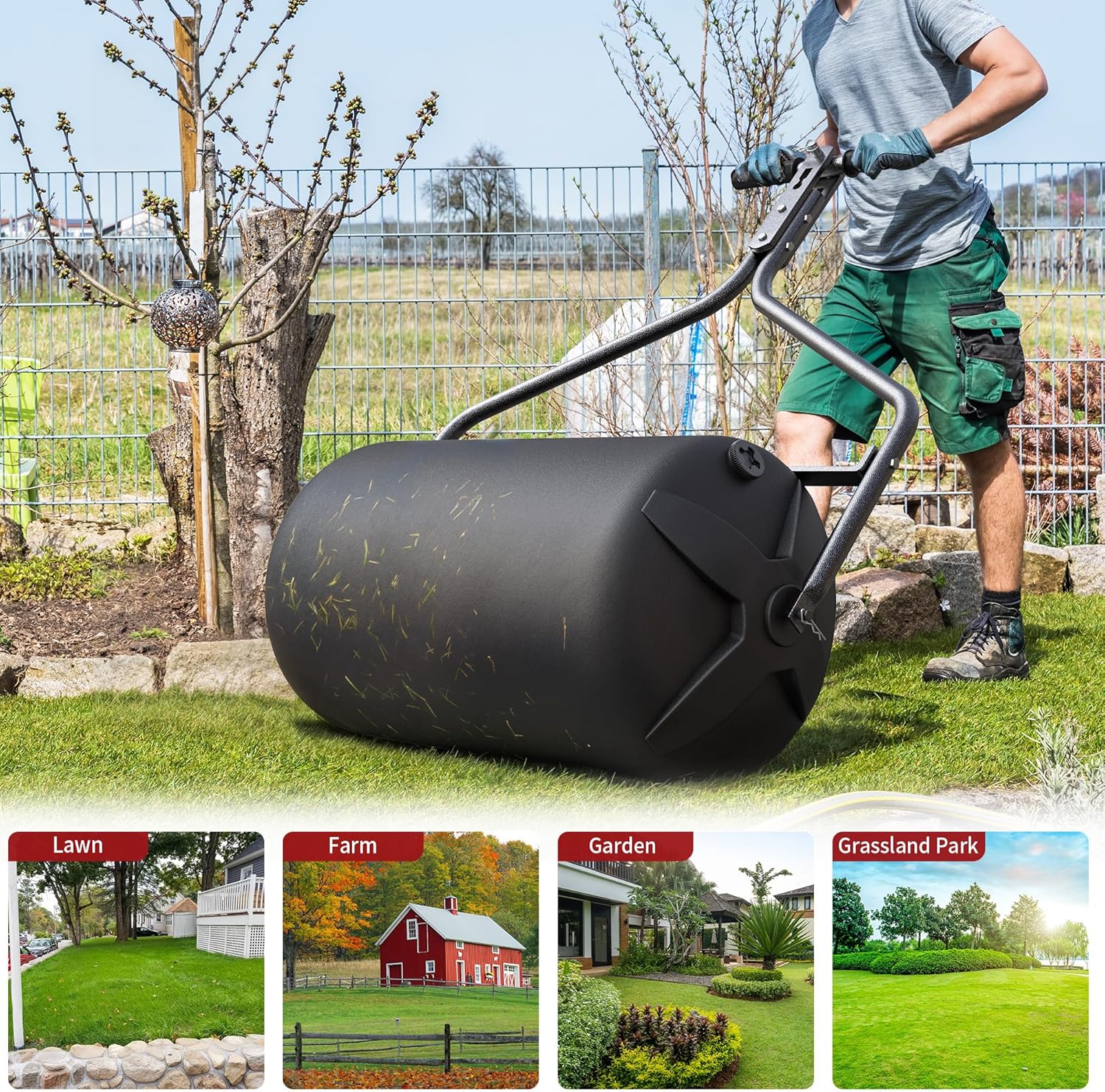 Side view of 18'' x 24'' Poly Lawn Roller with Threaded Plug, Combination Push and Tow Roller for Lawn and Garden Tractors, 270 lbs Capacity