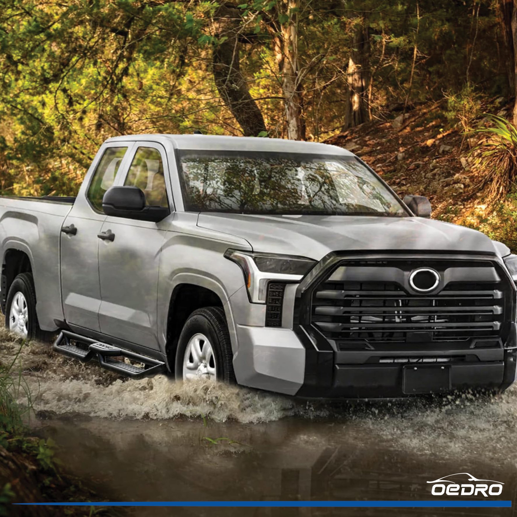 Side view of OEDRO 6" Running Boards Compatible with 2022-2026 Toyota Tundra Double Cab(2 Half-Size Rear Doors), Bolt-on Side Steps Steel Nerf Bar, Two Stairs Desi