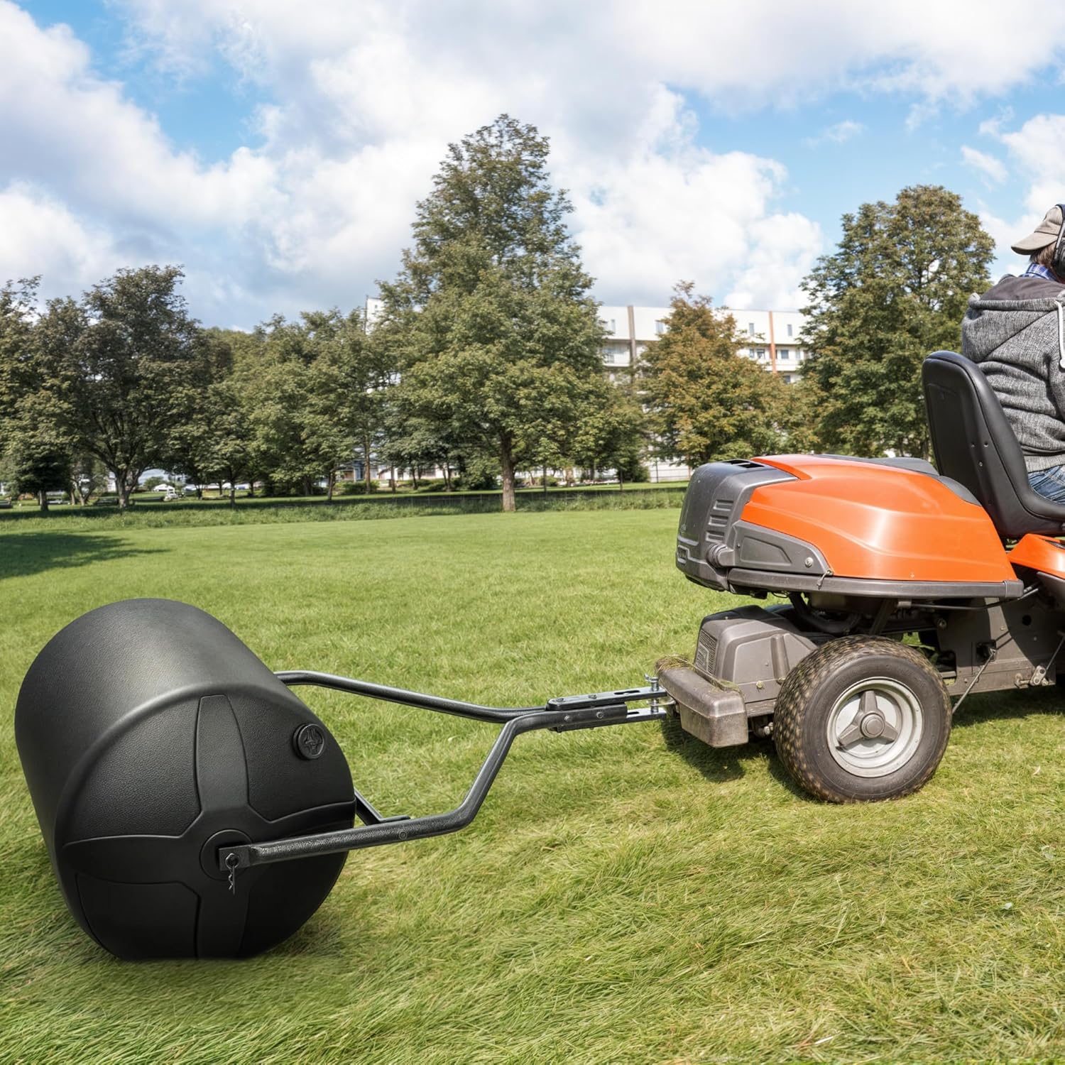 Side view of 18'' x 24'' Poly Lawn Roller with Threaded Plug, Combination Push and Tow Roller for Lawn and Garden Tractors, 270 lbs Capacity