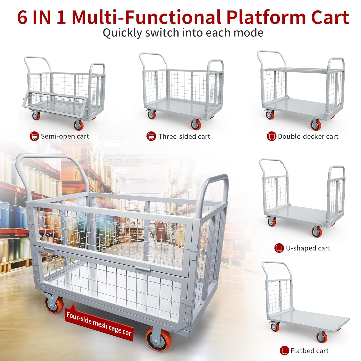 Side view of Platform Truck Cart W/Cage Foldable Flatbed Cart for Grocery & Warehouse 2000LBS