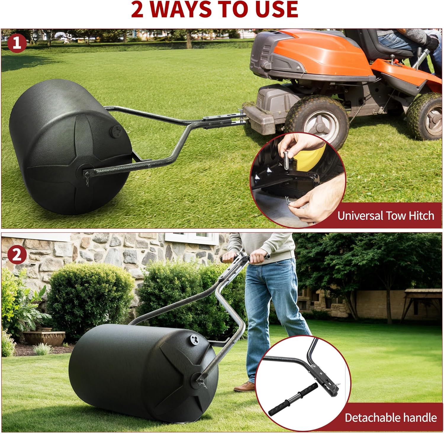 Side view of 18'' x 24'' Poly Lawn Roller with Threaded Plug, Combination Push and Tow Roller for Lawn and Garden Tractors, 270 lbs Capacity