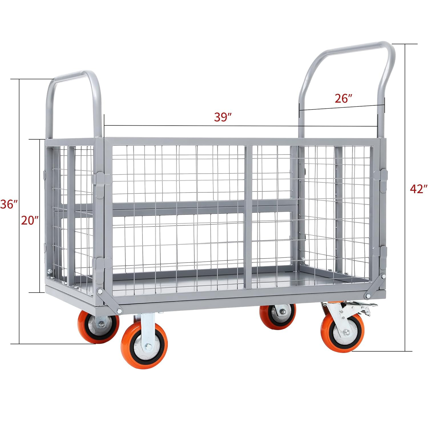 Side view of Platform Truck Cart W/Cage Foldable Flatbed Cart for Grocery & Warehouse 2000LBS