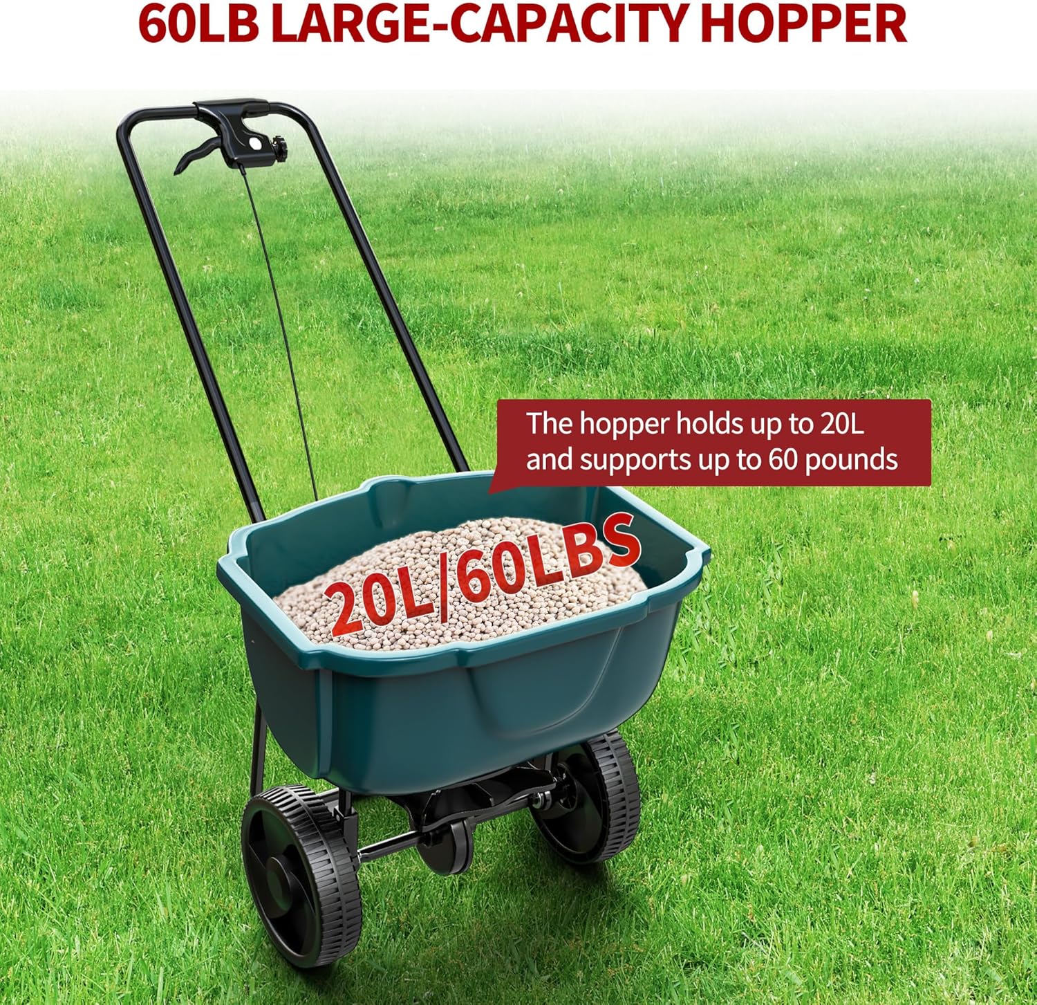 Side view of 60 lb Walk Behind Lawn and Garden Spreader for Seeds and Fertilizer with Easy to Use Flow Control