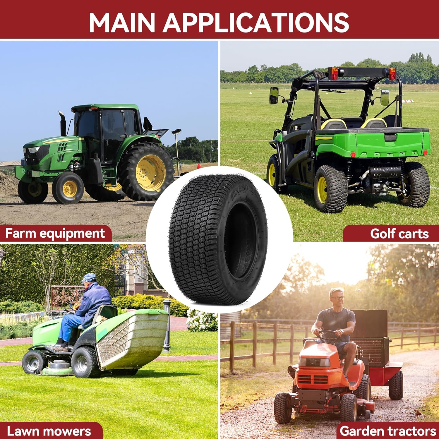 Side view of 23x8.5-12 Lawn Mower Tires, Suitable for Lawnmowers, Motorcycles, Garden Tractors, Golf Carts, and Farm Equipment, 4Ply, Set of 2