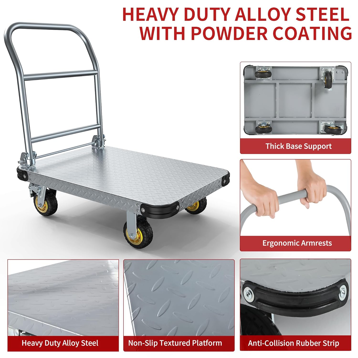 Side view of 2000 LBS Heavy Duty Platform Truck Push Cart Dolly, Foldable Large Flatbed Cart with 6" Swivel Wheels