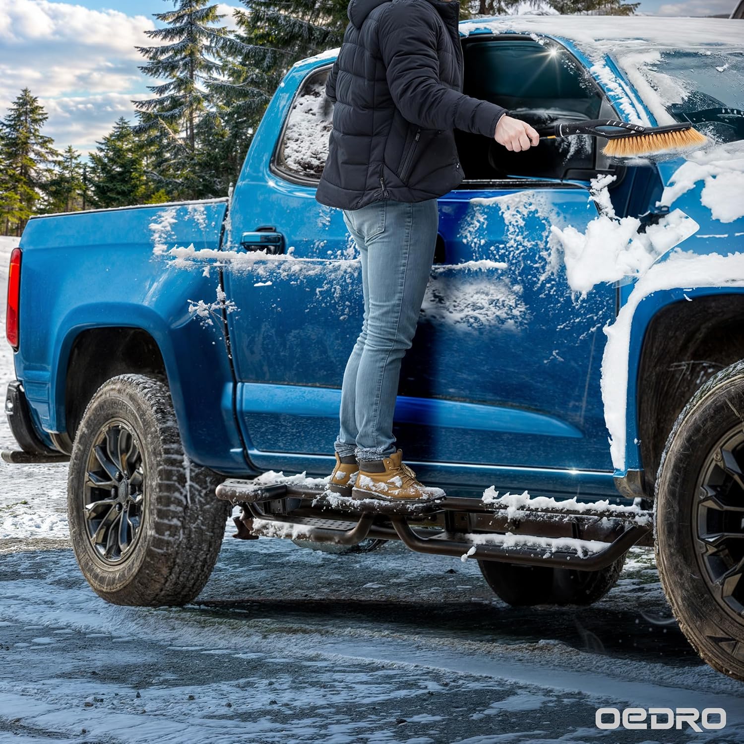 Side view of 6" Running Boards fits to 2024-2026 Toyota Tacoma Double/Crew Cab 4 Full-Size Doors, Two Stair Design Side Step Rails Carbon Steel Running Boards