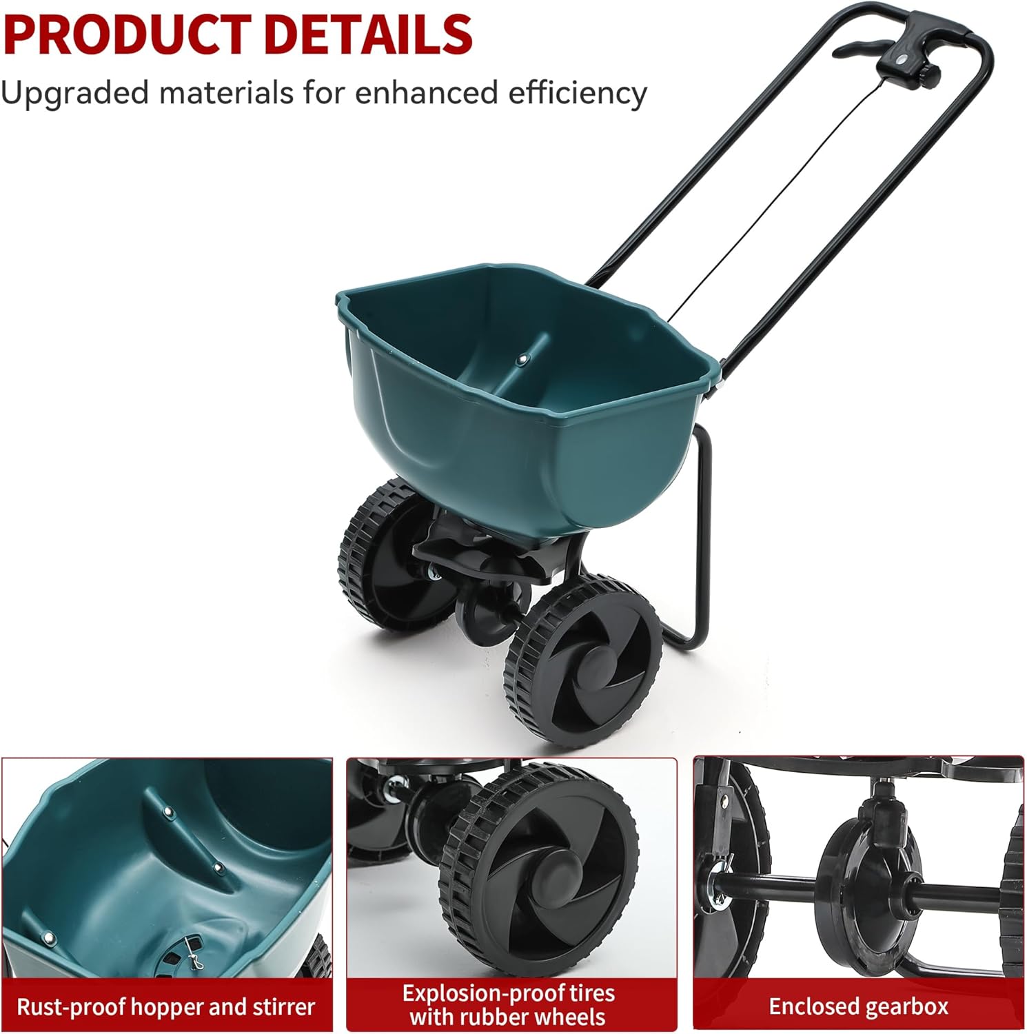 Side view of 60 lb Walk Behind Lawn and Garden Spreader for Seeds and Fertilizer with Easy to Use Flow Control