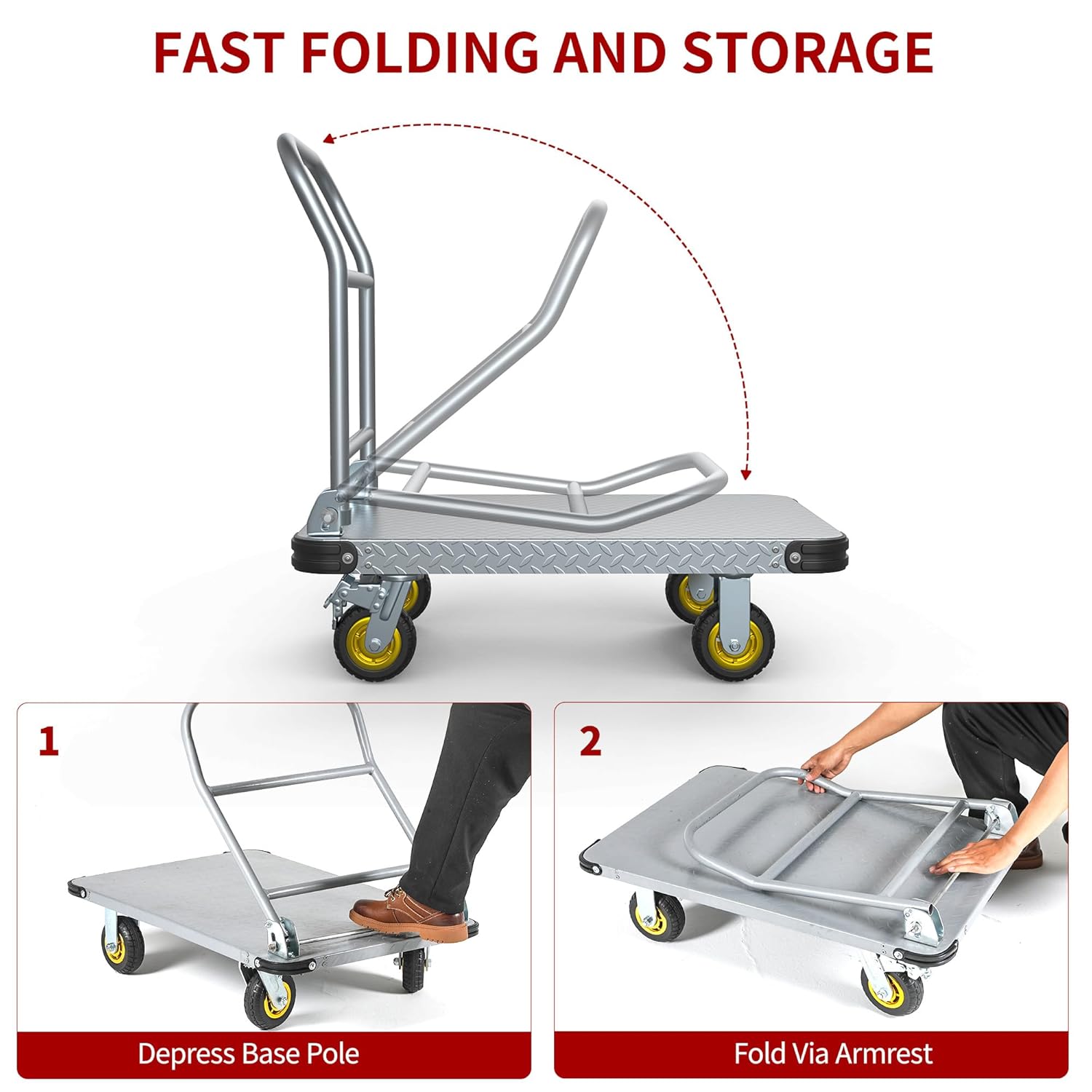 Side view of 2000 LBS Heavy Duty Platform Truck Push Cart Dolly, Foldable Large Flatbed Cart with 6" Swivel Wheels