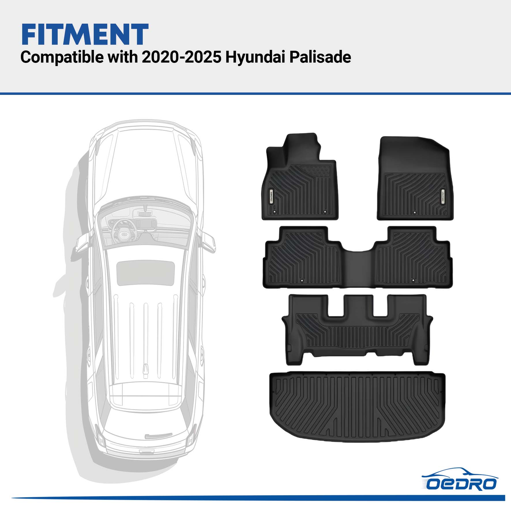 Side view of OEDRO Floor Mats Fit for 2020-2025 Hyundai Palisade Bench Seats Type 8 Seats,TPE All Weather Mat Fit 3 Rows and Cargo Liner Behind 3rd Row Set