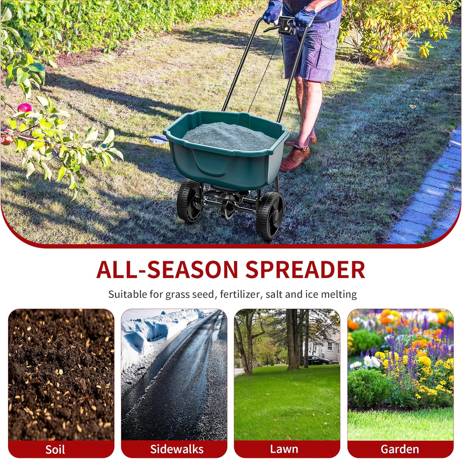 Side view of 60 lb Walk Behind Lawn and Garden Spreader for Seeds and Fertilizer with Easy to Use Flow Control