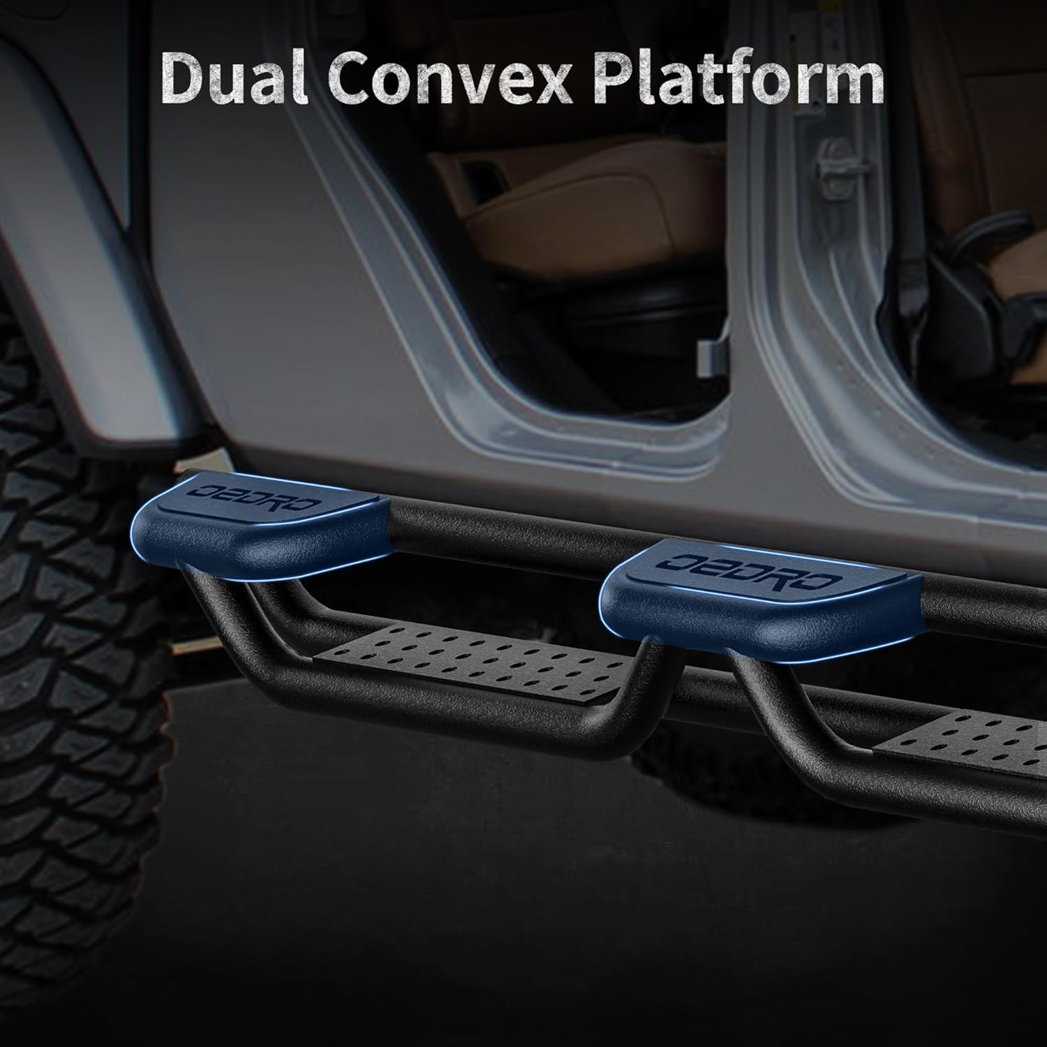Side view of 6" Running Boards fits to 2024-2026 Toyota Tacoma Double/Crew Cab 4 Full-Size Doors, Two Stair Design Side Step Rails Carbon Steel Running Boards