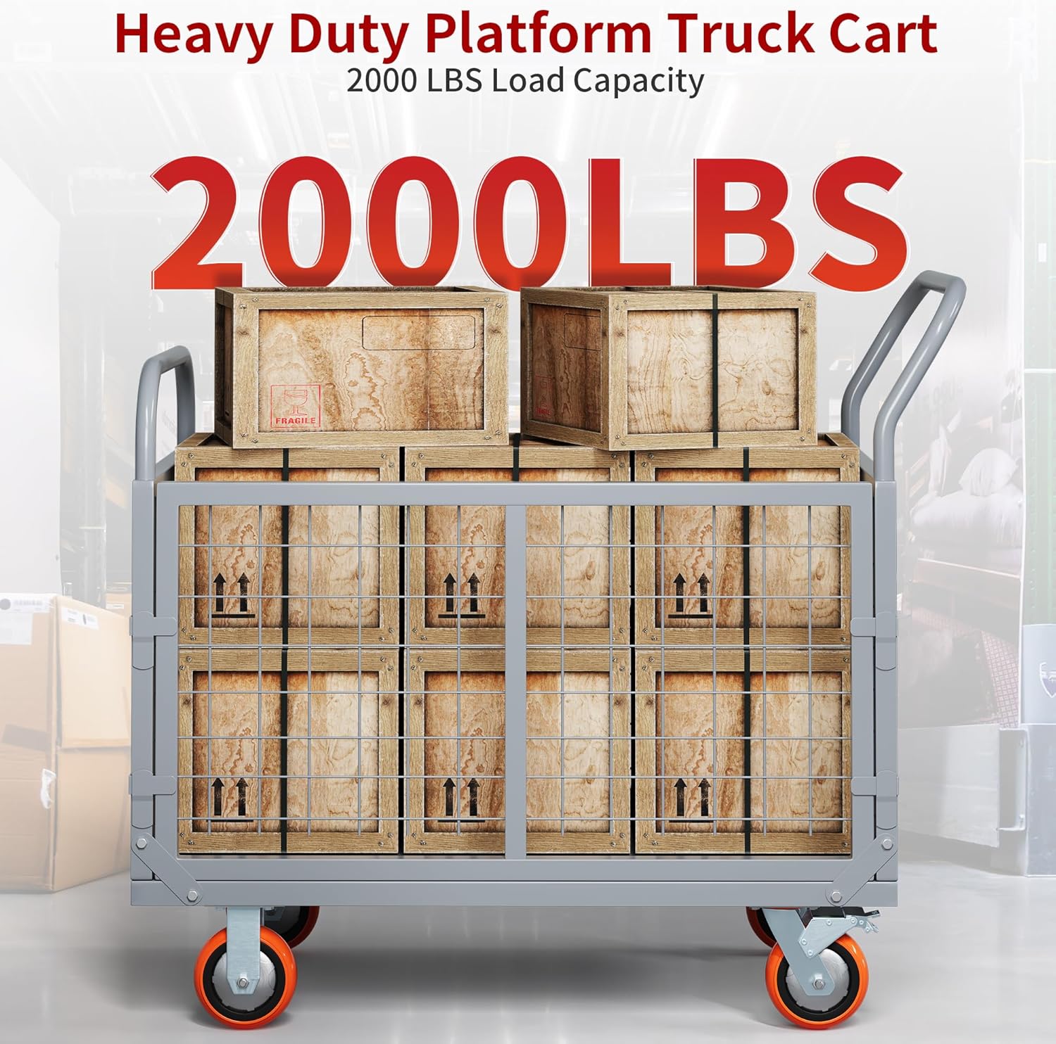Side view of Platform Truck Cart W/Cage Foldable Flatbed Cart for Grocery & Warehouse 2000LBS