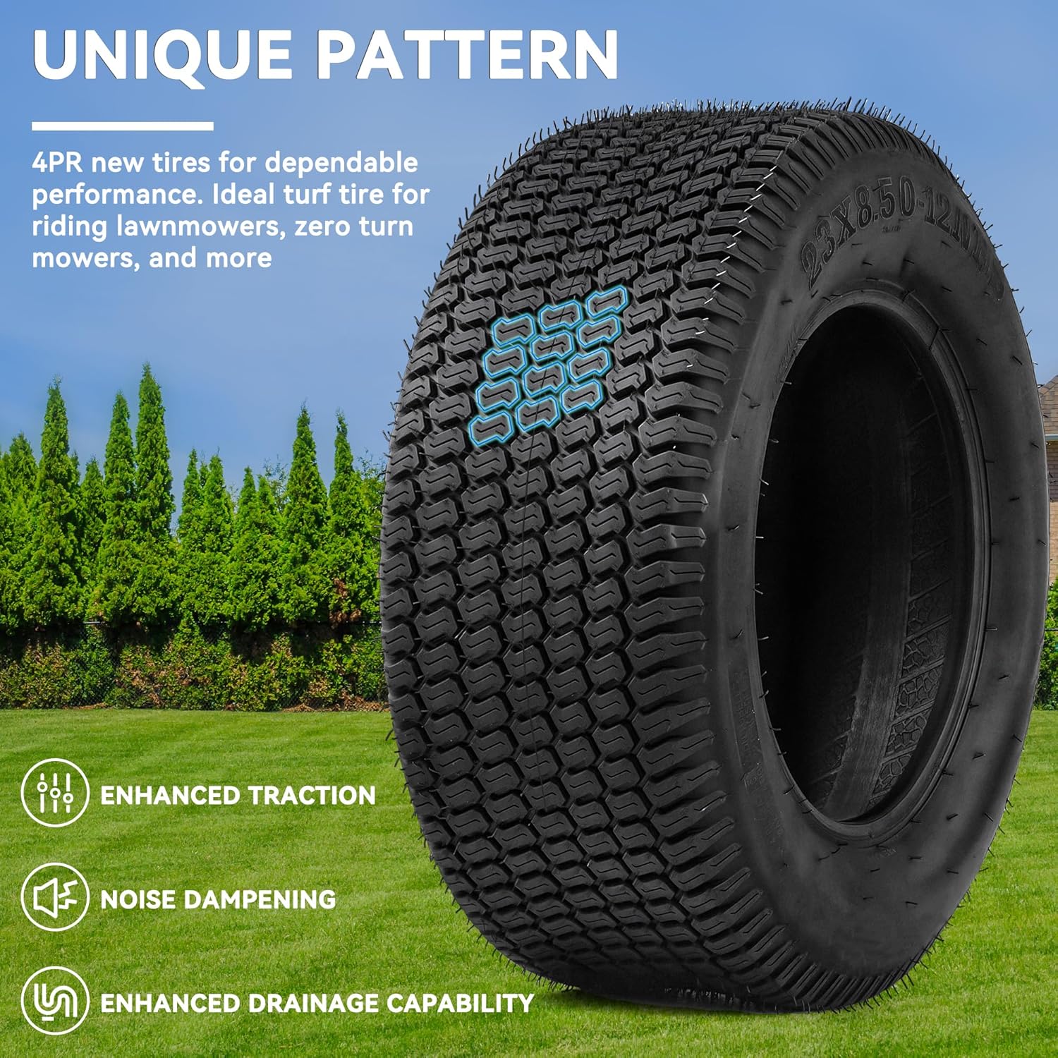 Side view of 23x8.5-12 Lawn Mower Tires, Suitable for Lawnmowers, Motorcycles, Garden Tractors, Golf Carts, and Farm Equipment, 4Ply, Set of 2