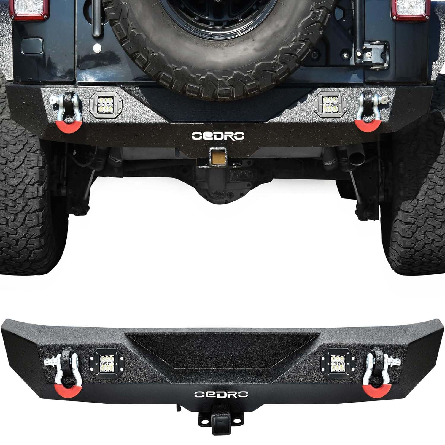 OEDRO Rear Bumper for 2007-2018 Jeep Wrangler JK & Unlimited with 2"" Hitch Receiver & 2 D-ring & 2x Square LED Lights