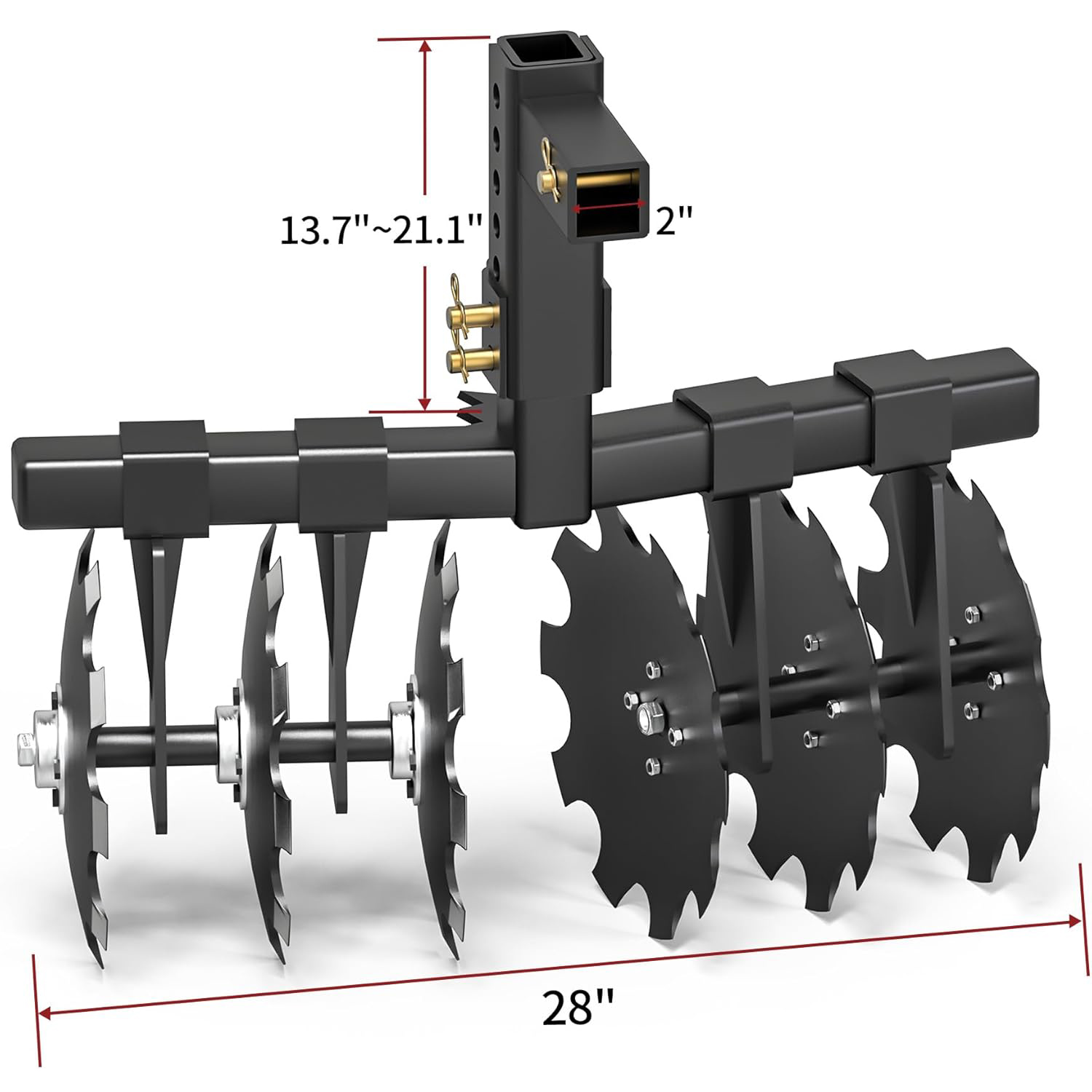 Side view of YITAMOTOR® 28" Width Disc Plow Harrow with Universal 2" Receiver Mount for ATV/UTV, Black