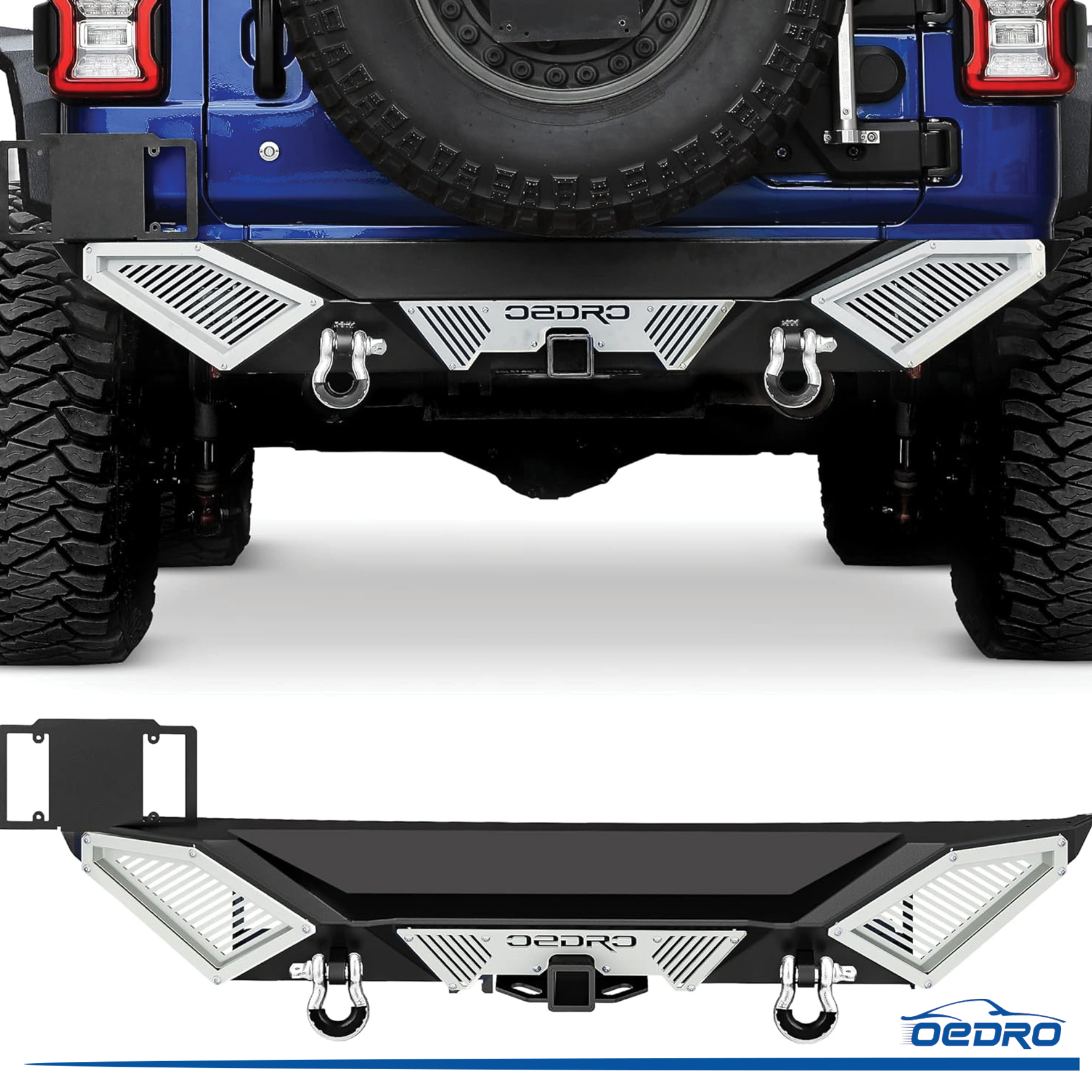 Side view of OEDRO Premium Rear Bumper for 2018-2025 Jeep Wrangler JL & JLU (2/4 Door) | Heavy-Duty Steel Design with 2" Hitch Receiver & D-Rings
