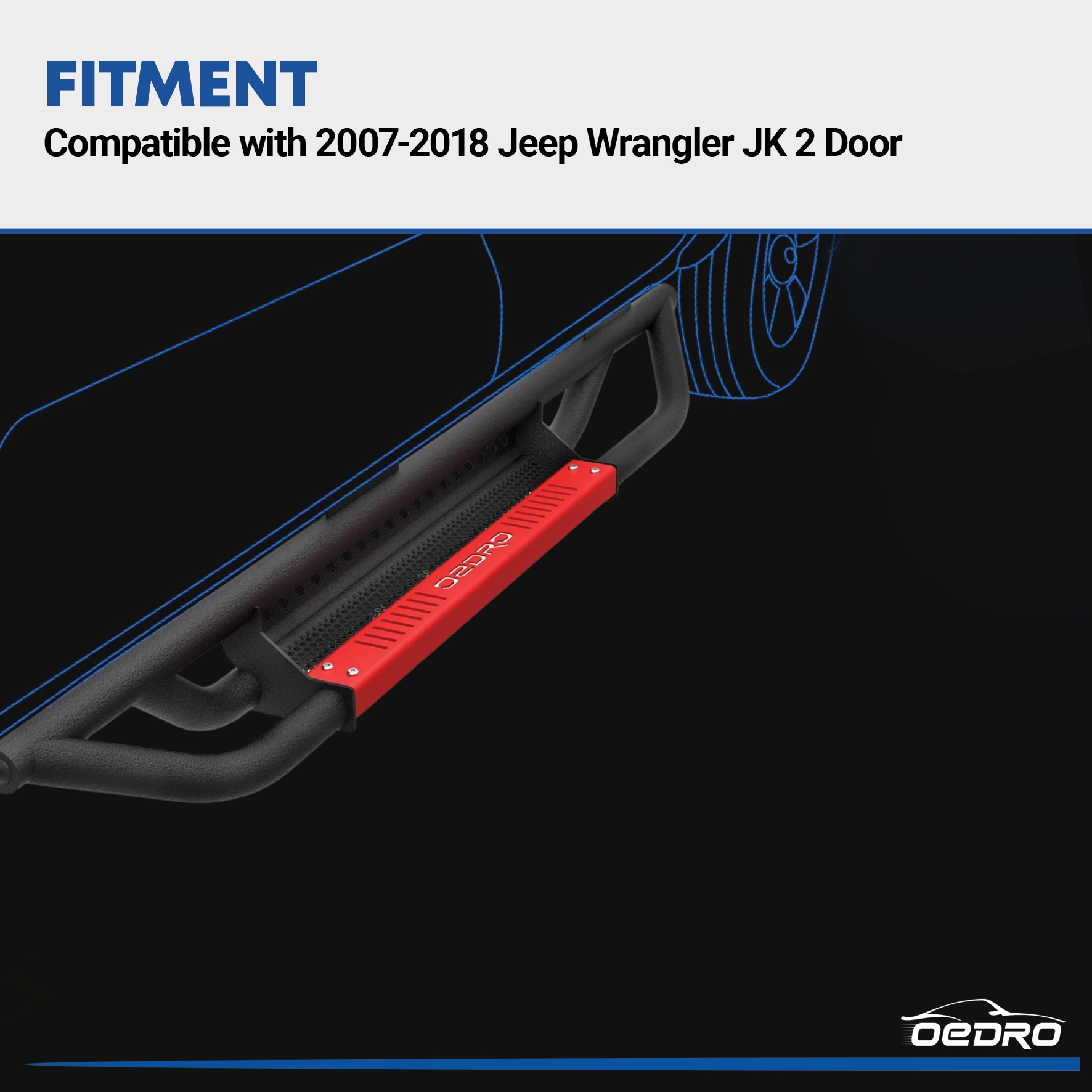 Side view of OEDRO 6" Running Boards for 2007-2018 Jeep Wrangler JK 2 Door, Black Red Powder Coated Nerf Bar