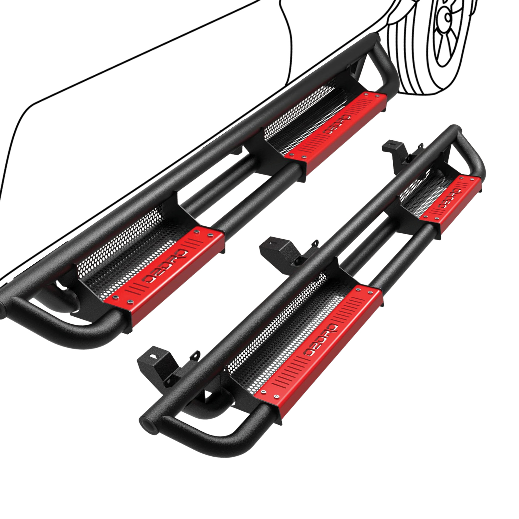 Side view of OEDRO Running Boards for 2007-2018 Jeep Wrangler JK 4 Door, with Paintable Step Plates All Steel Side Steps