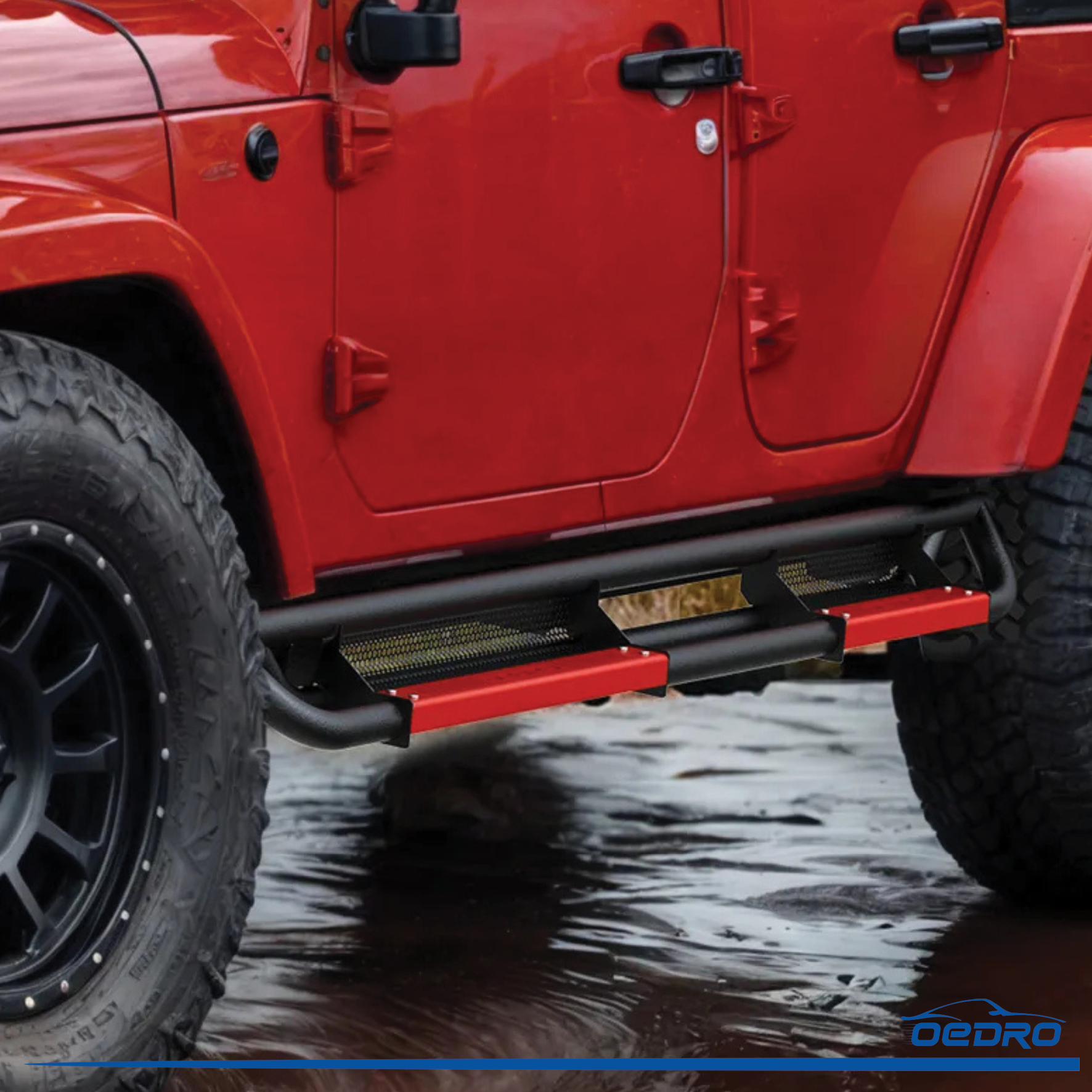 Side view of OEDRO Running Boards for 2007-2018 Jeep Wrangler JK 4 Door, with Paintable Step Plates All Steel Side Steps