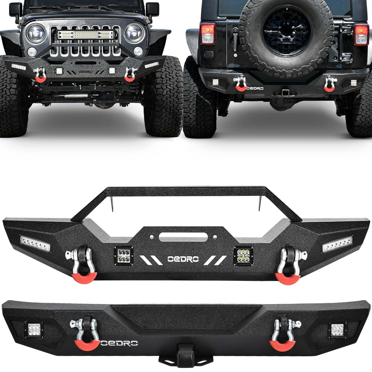 OEDRO Front Rear Bumper for 2007-2018 Jeep Wrangler JK, with Hitch Receiver & 6 x LED Lights & 2 x D-Rings