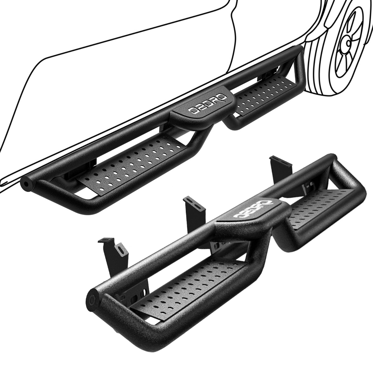 Side view of 6" Running Boards Compatible with 2024-2026 Toyota Tacoma Double/Crew Cab 4 Full-Size Doors, Two Stair Design Side Step Rails Carbon Steel Nerf Bars