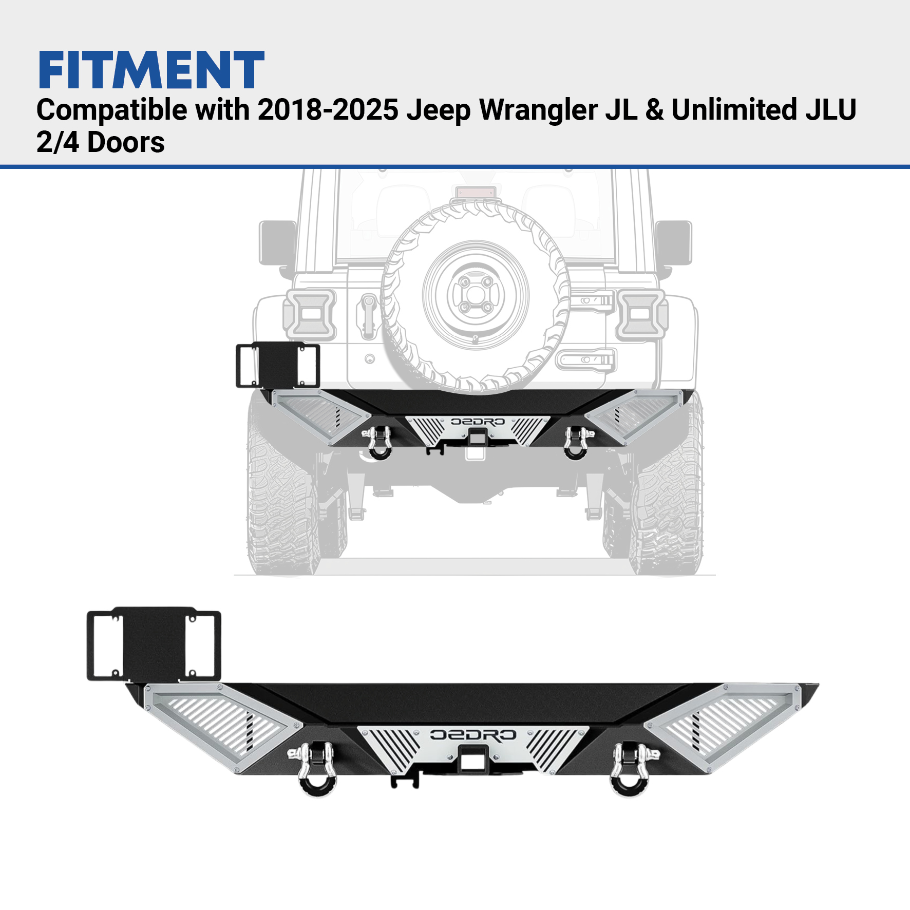 Side view of OEDRO Premium Rear Bumper for 2018-2025 Jeep Wrangler JL & JLU (2/4 Door) | Heavy-Duty Steel Design with 2" Hitch Receiver & D-Rings