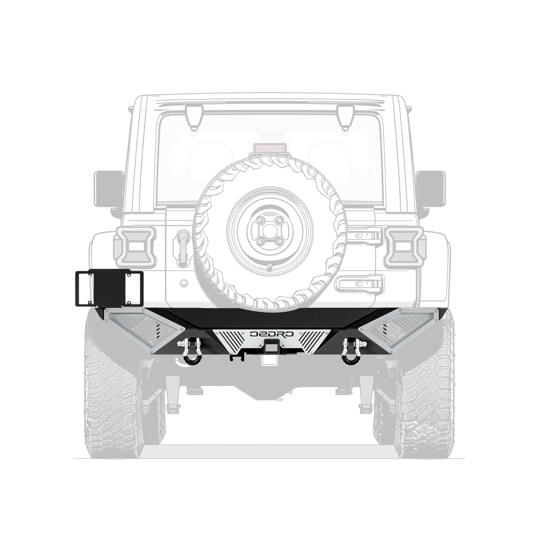 Side view of OEDRO Premium Rear Bumper for 2018-2025 Jeep Wrangler JL & JLU (2/4 Door) | Heavy-Duty Steel Design with 2" Hitch Receiver & D-Rings