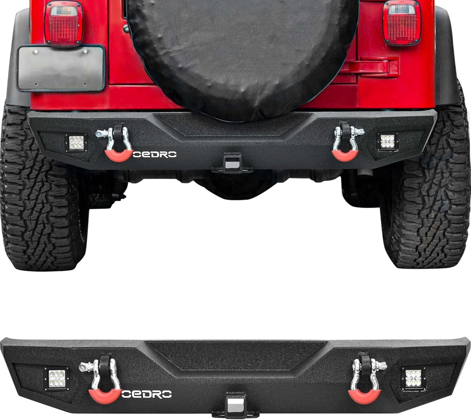 OEDRO Rear Bumper for 1987-2006 Jeep Wrangler TJ & LJ & YJ, Rock Crawler with Hitch Receiver, LED Lights & D-Rings