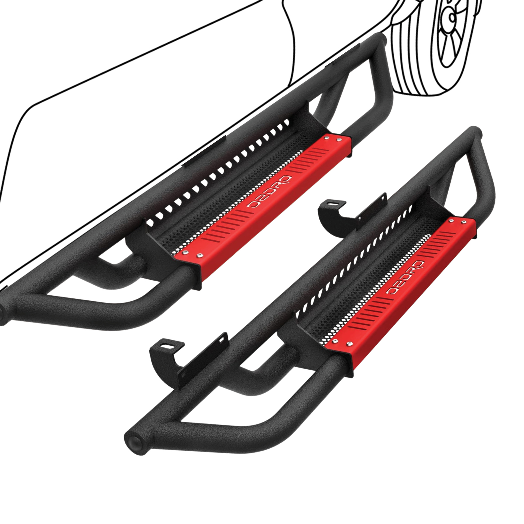 Side view of OEDRO 6" Running Boards for 2007-2018 Jeep Wrangler JK 2 Door, Black Red Powder Coated Nerf Bar