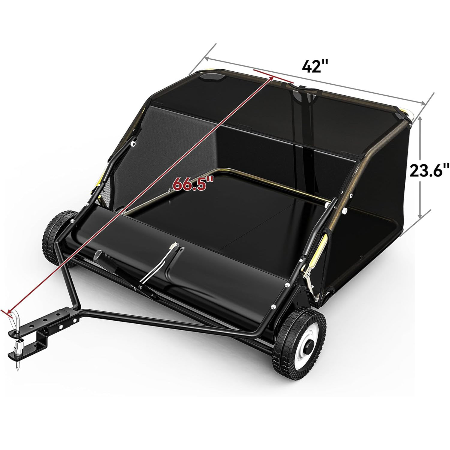 Side view of YITAMOR 42" Lawn Sweeper - 12 Cu.Ft Hopper | Branch-Proof Net, Adjustable Brush
