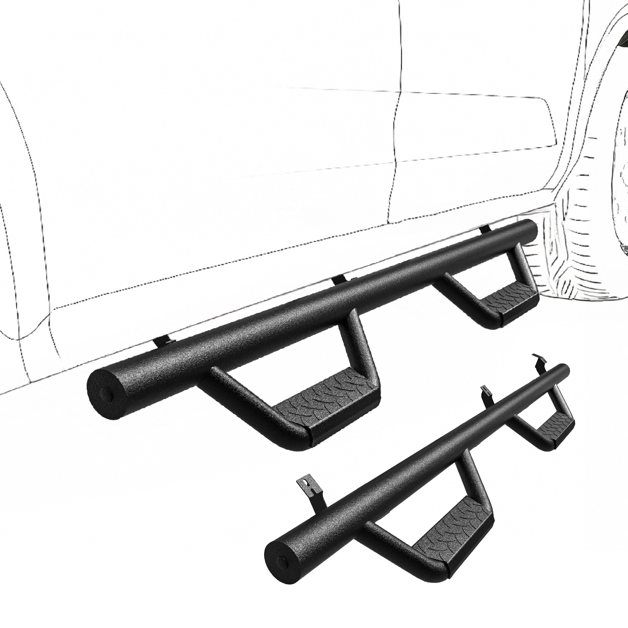 Side view of Running Boards Replacement for 2005-2023 Toyota Tacoma Double Cab, Carbon Steel Side Steps Nerf Bars Rails