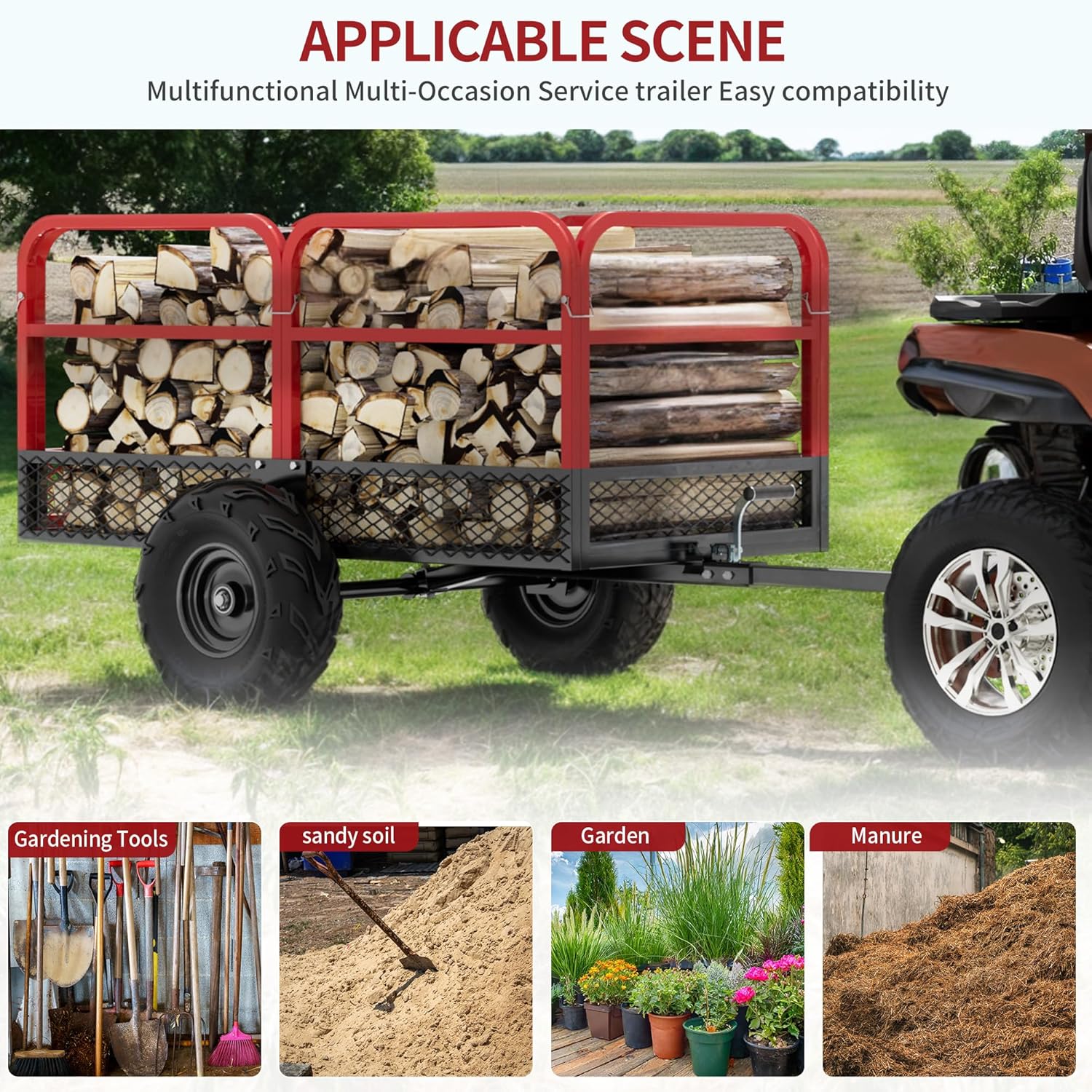 Side view of YITAMOR 1500lb ATV Lawn Trailer - 15 Cu.Ft Dump Cart w/ Red Guardrails