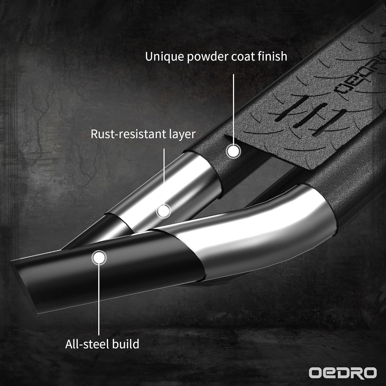 Side view of OEDRO 6" Running Boards for 2015-2026 Chevy Colorado/GMC Canyon Crew Cab, Textured Black Side Step Nerf Bars